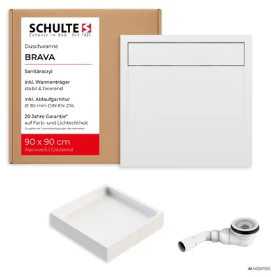 Produktbild von Schulte Duschwanne Brava 90x90 cm, Sanitäracryl Weiß, Set mit Wannenträger + Ablauf, Höhe 16 cm