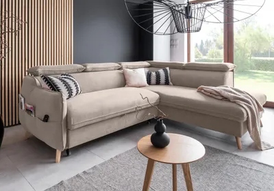 Produktbild von MIUFORM Sweet Harmony - Ecksofa mit Bettfunktion und Bettkasten L-FORM RECHTS - 253x208cm - Velours Beige - Sofa Schlafsofa Couch