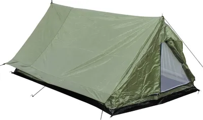 A green two-person tent is shown against a white background.