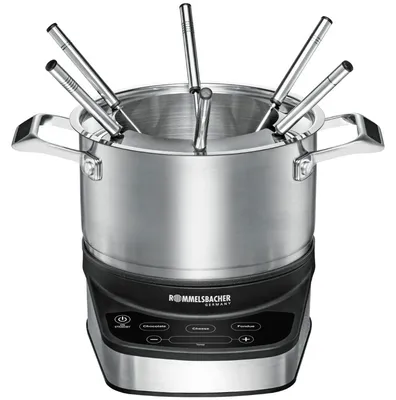 Productafbeelding van Elektrische fondue set F 1200, met roestvrijstalen behuizing, kookplaat van 175 mm diameter, touch control sensoren, elektronische temperatuurregeling, 2,5 liter roestvrijstalen pan, 6 roestvrijstalen fonduevorken, 1200 watt