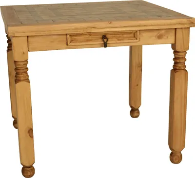 A wooden dining table with a single drawer and ornate legs, presented against a white background.