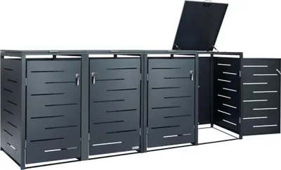 A dark grey metal trash bin enclosure with four compartments, one of which has an open lid.