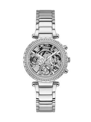A silver-tone women's watch with a skeleton dial and crystal embellishments.