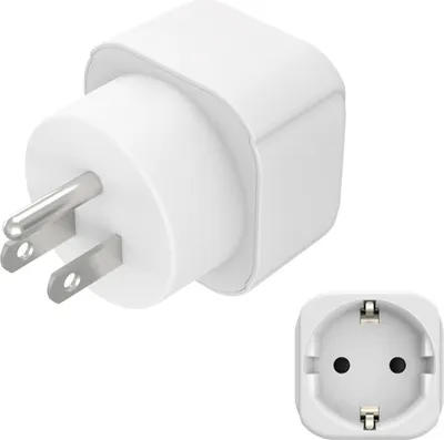 A white travel adapter with a US plug on one side and a European socket on the other, shown from two angles.