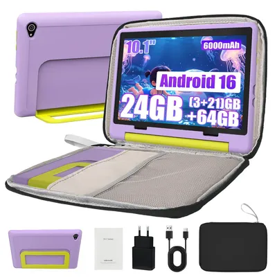 Produktbild von Kinder-Tablet 10 Zoll mit Android 16, 24 GB RAM, 64 GB ROM, 6000mAh, Kindersicherung, WiFi 6, Inkl. Tragetasche