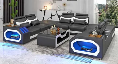 Produktbild von Design Wohnlandschaft Großes Sofa XXL U Form Ecksofa Ledersofa Schwarz LED