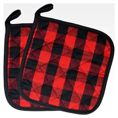 Produktbild von Baumwoll-Topflappen, hitzebeständige Topfuntersetzer für Kochen und Backen, waschbar, kariert (Doppelpack, Rot/Schwarz)