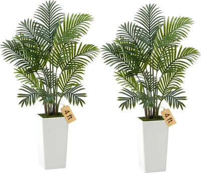 Image de VEVOR Palmiers Areca artificiels, 1,2 m, pack de 2 palmiers artificiels, plantes tropicales avec jardinière blanche, plante en soie artificielle en pot, arbre artificiel pour vérandas, salons, terrasses, maison, bureau
