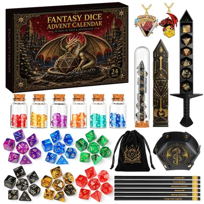 Productafbeelding van DND dobbelstenen adventskalender 2026 24 dagen kerstcountdown polyedrische dobbelsets zwaard dobbelhouder dobbelbak dobbelflesjes fantasy accessoires