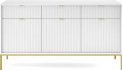 A white sideboard with gold handles and legs on a white background.