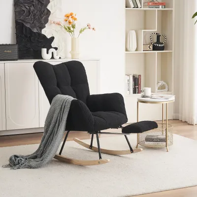 Produktbild von STILVORA Moderner Schaukelstuhl Relaxsessel mit Polsterung,Posterstuhl mit ausziehbarer Fußstütze,Loungesessel aus weicher Stoff,Schwarz