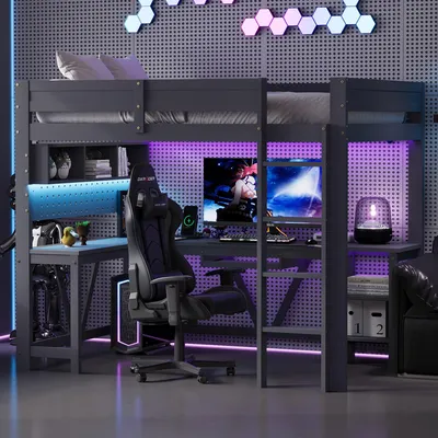 Productafbeelding van Gaming-halfhoogslaper 90x200 cm met bureau, LED-verlichting, stopcontacten, USB en opbergvakken, hout, grijs