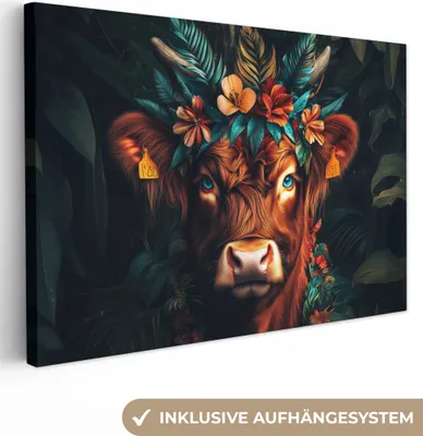Produktbild von Leinwandbilder 120x80 cm - Tiere, Blumen - Schottischer Hochländer, Bilder Wohnzimmer Modern, Wanddeko