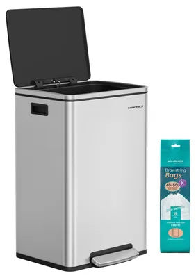 Zdjęcie produktu dla SONGMICS Kosz na śmieci 50 L, stal nierdzewna, z pokrywą, system cichego zamykania, 15 worków na śmieci – srebrny