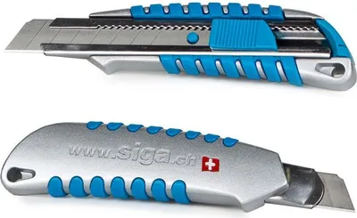 Two views of a cutter knife, one showing the blade extended and the other showing the handle with branding.