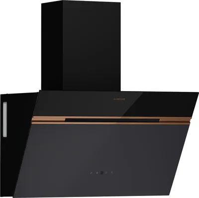A black kitchen range hood with bronze accents, shown against a white background.