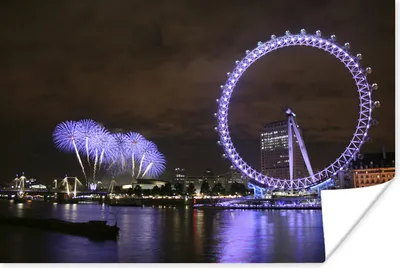 Produktbild von MuchoWow® Poster Lila Feuerwerk und ein lila London Eye am Abend in London 90x60 cm - Schlafzimmer