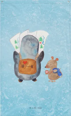 Produktbild von Mr. & Mrs. Panda Wandbild Pinguin & Maus Wanderer - Eisblau - Geschenk, Abenteuer, Wanderlust, Boho Wandteppich, Tapestry, Wandern, Wandtuch, Bildteppich