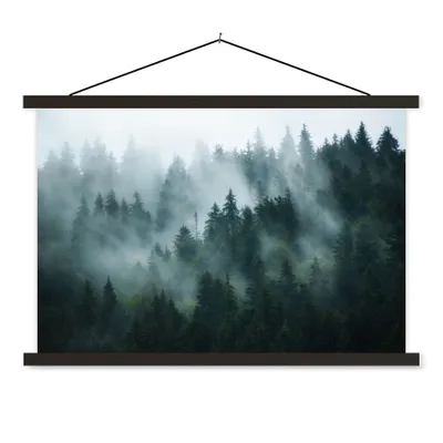 Produktbild von MuchoWow® Textilposter Nebel - Bäume - Wald 90x60 cm mit schwarzem Rahmen - Aufhängungssatz