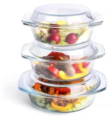 Productafbeelding van Set van 6 ovenschalen van gehard glas, rond, met deksel. Inhoud: 1 liter, 1,5 liter en 1,8 liter. Transparant