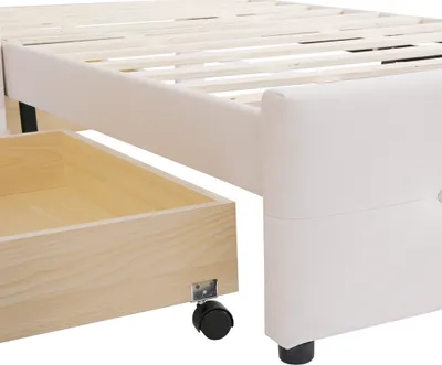 Immagine prodotto di Letto singolo imbottito Sweiko con testiera regolabile e 2 cassetti, con rete a doghe, velluto, 90 x 200 cm Beige