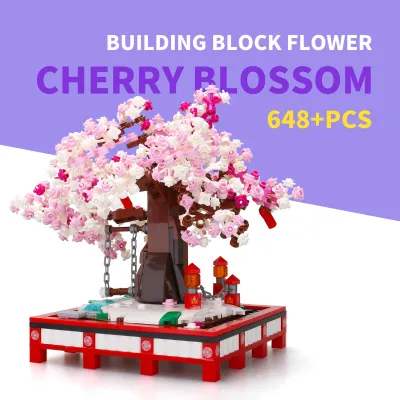 Produktbild von Kirschblüten Bonsai Bausteine Set – Rosa Blumen Baum Spielzeug mit Figuren & Schaukette für Kinder