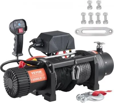 Produktbild von VEVOR Elektrische Seilwinde 12V 13000lbs/5897kg Offroad Motorwinde Seilzug Elektrowinde 12-strängiges Nylonseil mit 2-in-1-Controller Schwarz Geeignet für mittelgroße große SUVs LKWs und sogar Yachten
