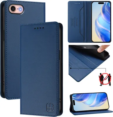 Image de Etui en cuir pour iPhone 6/7/8/8/SE 2020/iPhone SE 2022, étui à rabat avec fentes pour cartes, portefeuille et support Bleu