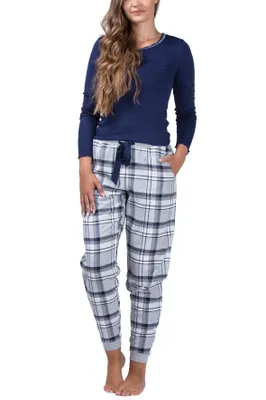 Produktbild von maluuna Damen Schlafanzug mit Flanellhose und Bündchen ; Marine , M