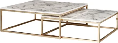 A set of two nesting coffee tables with marble-look tops and gold metal frames, displayed against a white background.