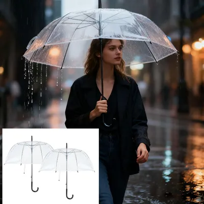 Produktbild von 2er-Set Transparenter Regenschirm mit Automatik, 85 cm Durchmesser, klarer Glockenschirm für Damen & Herren, robuster Stockschirm mit Einhand-Öffnung
