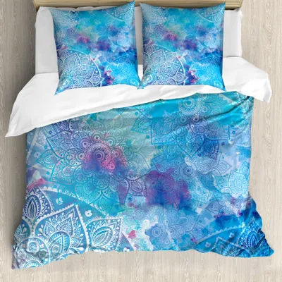 Produktbild von ABAKUHAUS Mandala Bettbezug, Aquarell Blumen Asiatisch, Milbensicher Allergiker geeignet mit Kissenbezügen, 155 cm x 220 cm - 80 x 80 cm, Mehrfarbig