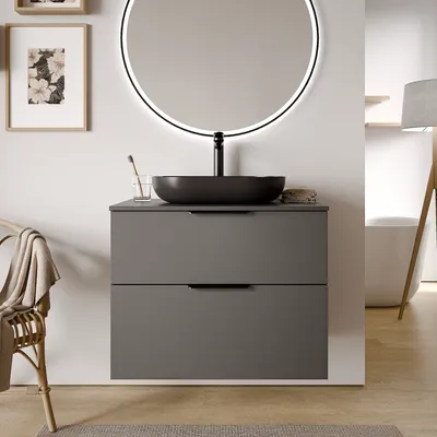 Produktbild von Waschtischunterschrank TIM 80 cm für Aufsatzwaschbecken - Farbe wählbar, Waschtischplatte:Eiche nebelgrau, Farbe Badmöbel:Anthrazit matt, Metallgriff:Chrom