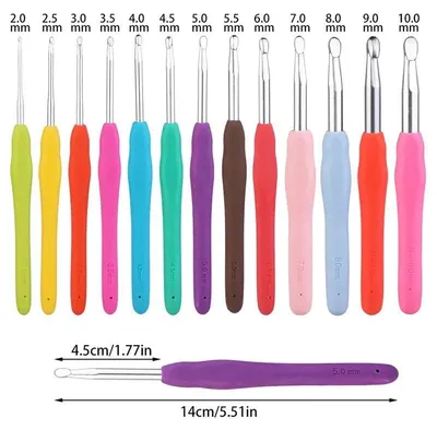 Obrázek produktu pro Sada barevných pletacích a háčkovacích nástrojů – pletací jehlice a háčky – 2,0–10,0 mm – 13 kusů – Ergonomické gumové rukojeti – Vhodné pro vlnu a příze – Barevné