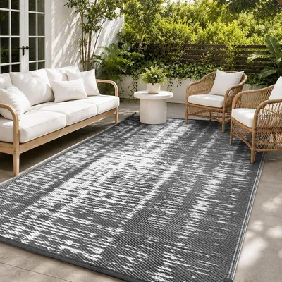 Image de Tapis d'extérieur résistant aux intempéries, idéal pour le camping, la terrasse ou le balcon. Couleur : gris et blanc. Dimensions : 375 x 365 cm