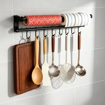 Produktbild von Küchenreling 60 cm, 8 Haken, Wandmontage, Kohlenstoffstahl, für Küche