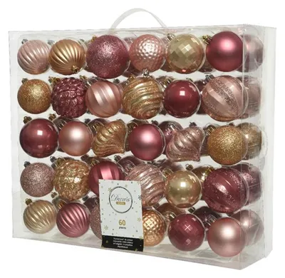 Immagine prodotto di Set di 60 ornamenti natalizi in plastica da 6-7 cm - rosa beige