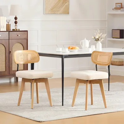 Immagine prodotto di Set di 2 poltrone girevoli a 360°, con schienale in rattan, sedie da cucina con seduta imbottita in chenille, ideali per la sala da pranzo, colore beige