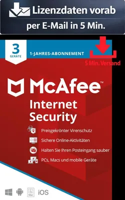 Produktbild von McAfee Internet Security (3 Device - 1 Jahr) ESD Antivirus Sicherheit 5 Min. Versand als Download per Mail