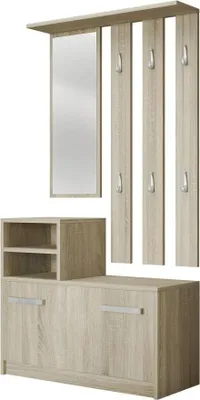 Produktbild von MIRJAN24 Garderobe-Set Kolom, Wandgarderobe mit 6 Kleiderhaken, Flurgarderobe mit Spiegel, Schuhschrank (Farbe: Sonoma Eiche)