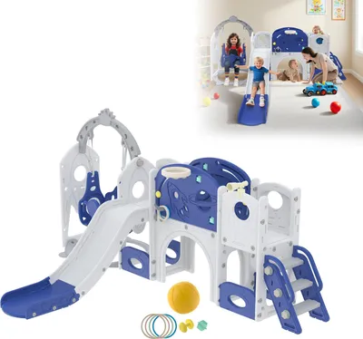 Produktbild von YARDIN Kinderrutsche mit Schaukel, Tunnel, Versteck und Basketballkorb – freistehend Indoor & Outdoor Spielset, Babyrutsche aus HDPE + PP Kunststoff, Blau-Weiß, 245x154x119 cm, bis 50 kg