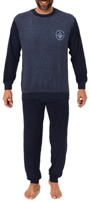 Produktbild von Herren Frottee Pyjama langarm Schlafanzug mit Bündchen - 212 101 13 801 ; blau-melange , 54