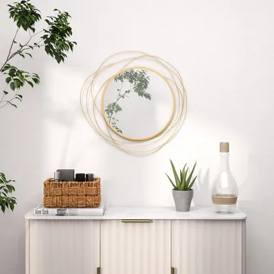Zdjęcie produktu dla Lustro ścienne HOMCOM, Ø65 cm, dekoracja ścienna z lustrem, metalowa rama, lustro do przedpokoju, dekoracja ścienna do salonu, sypialni, złoto