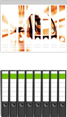 Produktbild von Wallario 8 Stück schmale Ordner inkl. Klebeetiketten mit Motive Fahrender Zug von vorn Design - Perspektive von vorn -  Set mit Rückenschildern / Ordnerrücken Stickern