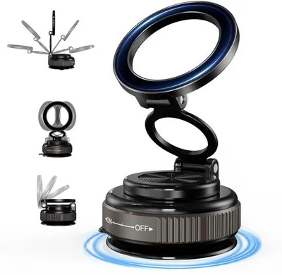 Produktbild von Ibenzoa® Magnetische Autotelefonhalterung – Vakuum-Saugnapf, N52-Magnete, 360° drehbar, Aluminium, kompatibel mit iPhone & Android, inkl. Magnetring