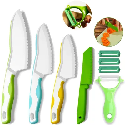 Produktbild von Kinder Schälermesser Set 8-teilig Montessori Lernmesser Kindersicher ab 2 Jahren BPA-frei Edelstahl Kunststoffklingen