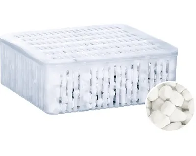 A white plastic basket filled with white ceramic granules, with a close-up inset of the granules.
