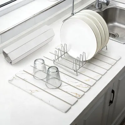 Produktbild von PolkaHome® Große Steine Abtropfmatte für die Arbeitsplatte, Schnell trocknende Diatomeenerde Matte, Gold Marmor Wasserabsorbierende