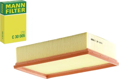 A product shot of a MANN FILTER air filter and its packaging.