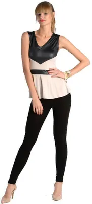 Produktbild von Damen Peplum Bluse Mesh Kunstleder; Beige S/M 36/38